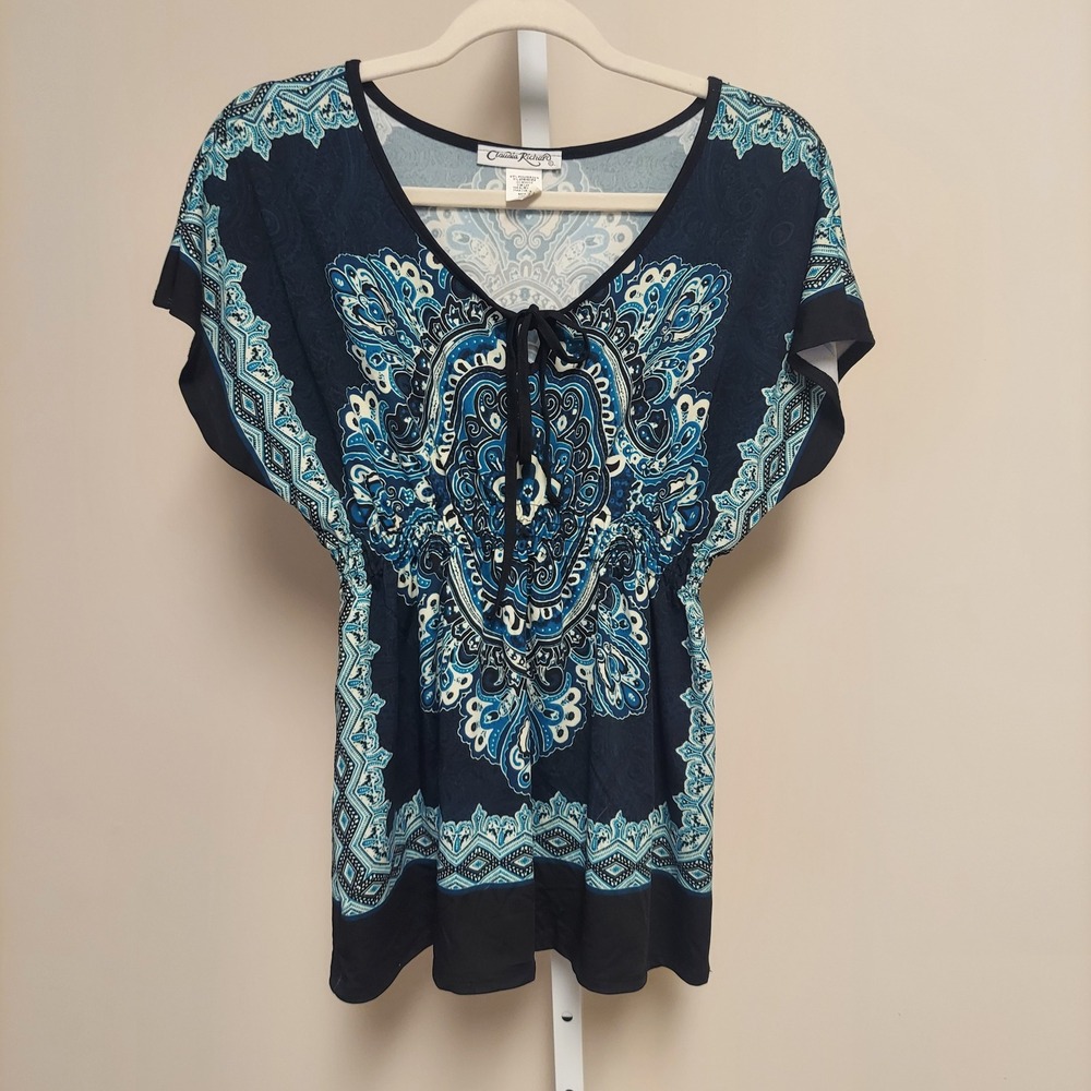 Claudia Richard Womens Blue Medallion Paisley Empire Waist Top S Boho Festival